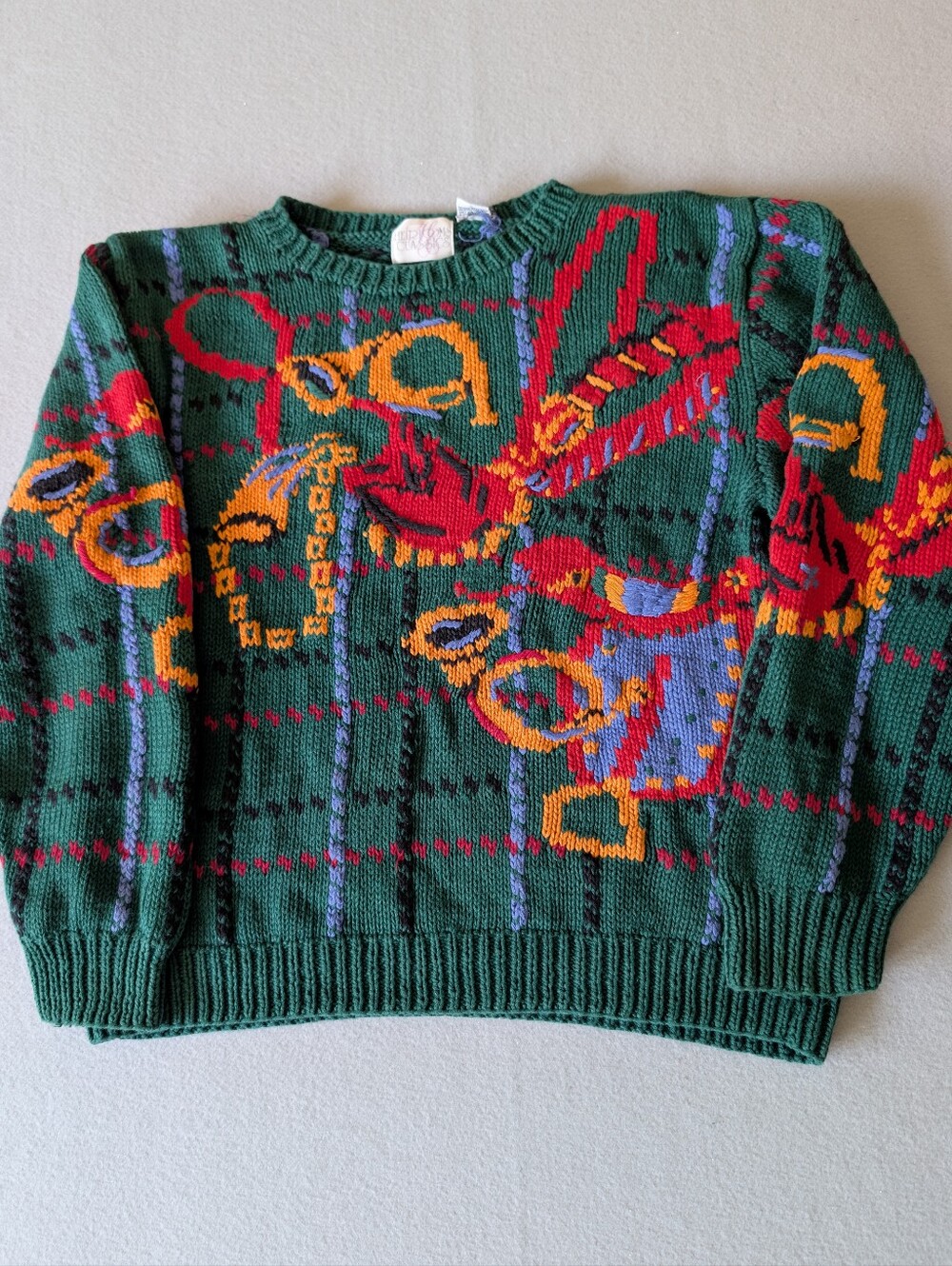 Vintage Holiday Plaid Knit Graphic Green Sweater Ramie Cotton Eclectic Sz M image 4